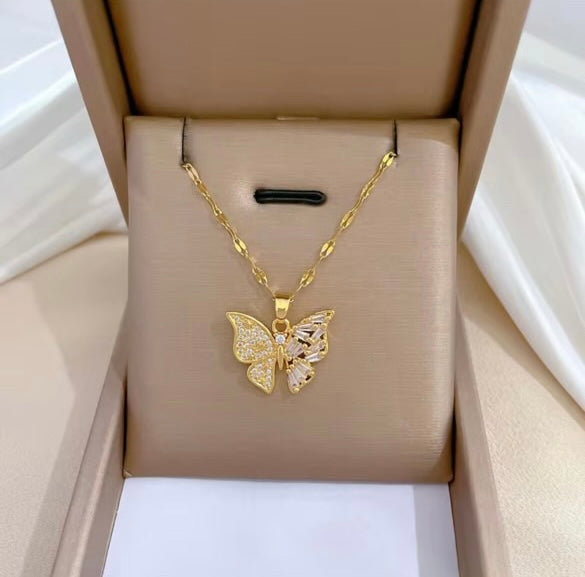 Elegant Butterfly Jewelry Set – CZ Stud Earrings & Stainless Steel Necklace