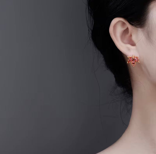 Dark Red Crystal Maple Leaves Earrings