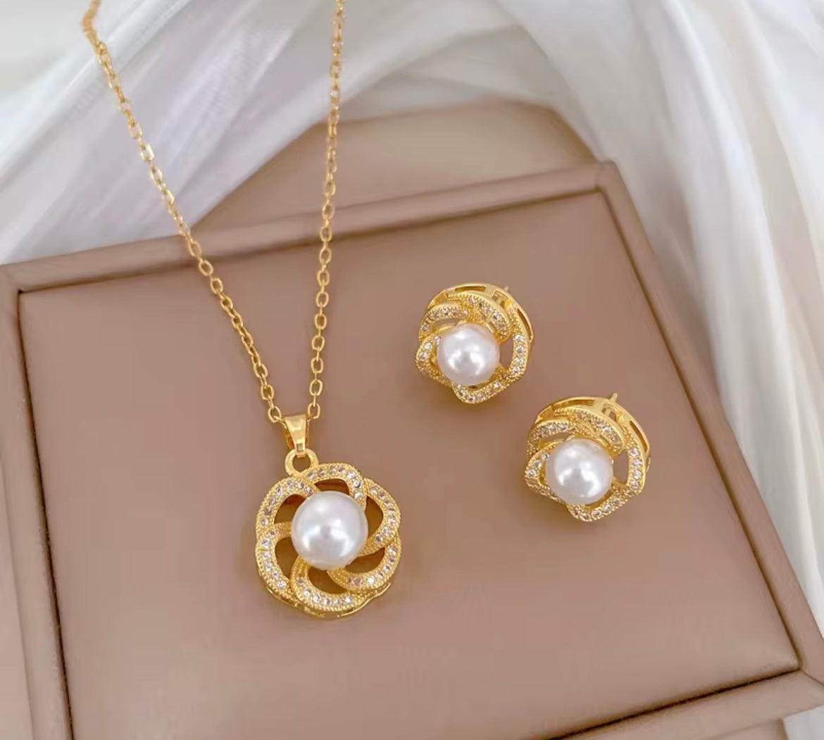 Golden Pearl Rose Jewelry Set #1 – Necklace & Earrings