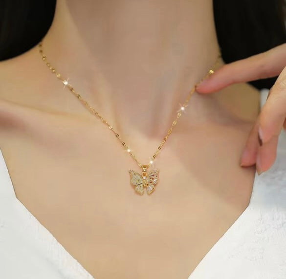 Elegant Butterfly Jewelry Set – CZ Stud Earrings & Stainless Steel Necklace