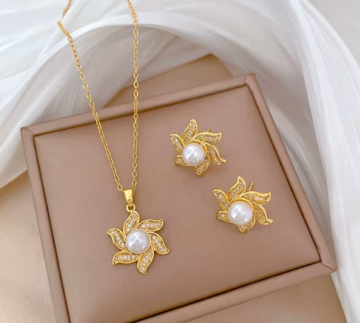 Golden Pearl sunflower Jewelry Set #1 – Necklace & Earrings