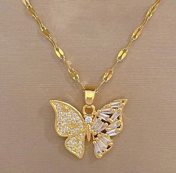 Elegant Butterfly Jewelry Set – CZ Stud Earrings & Stainless Steel Necklace