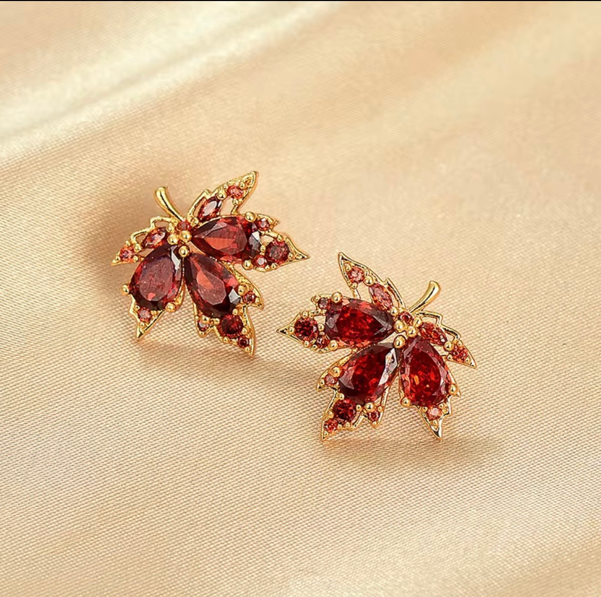 Dark Red Crystal Maple Leaves Earrings