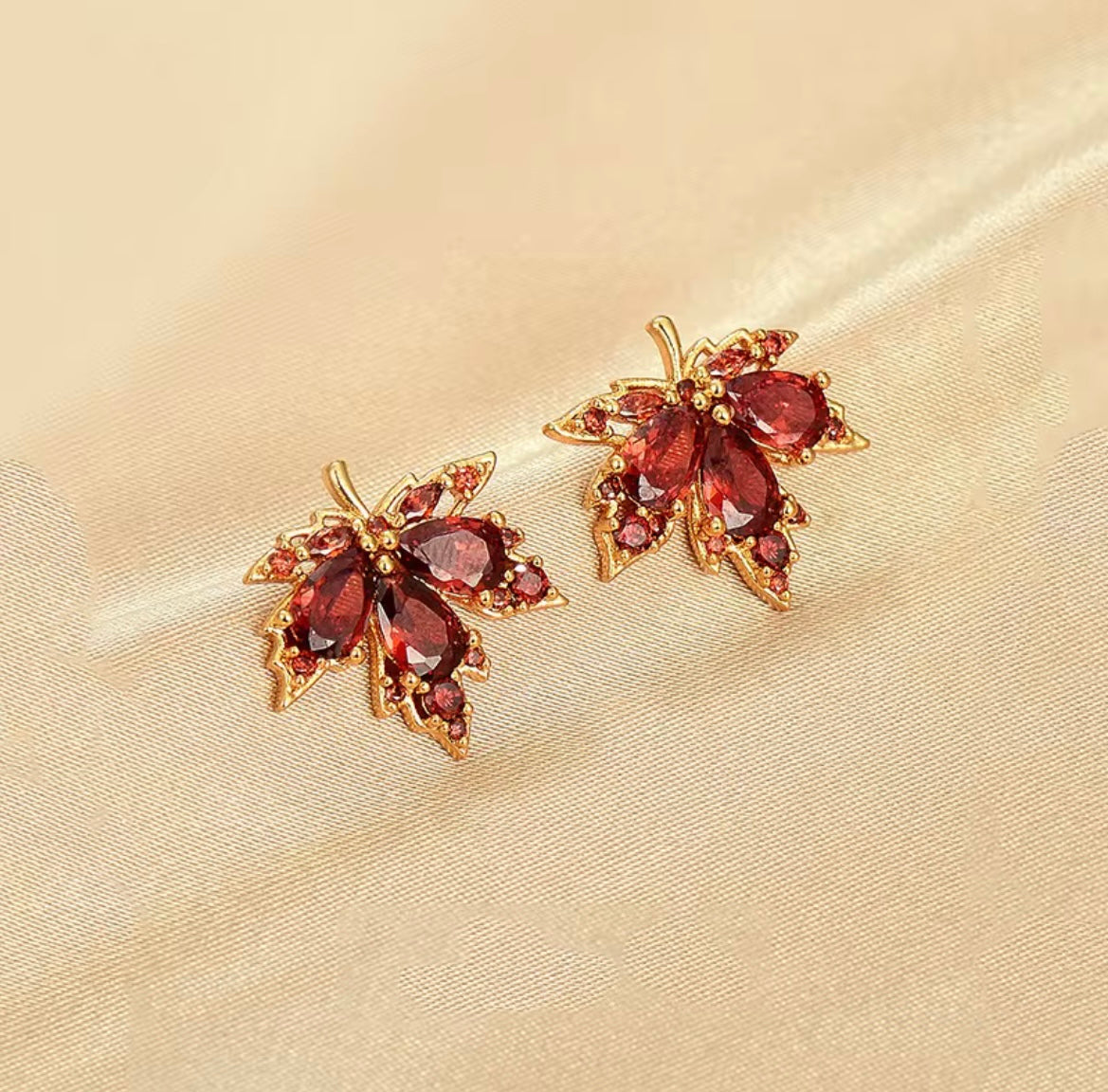 Dark Red Crystal Maple Leaves Earrings