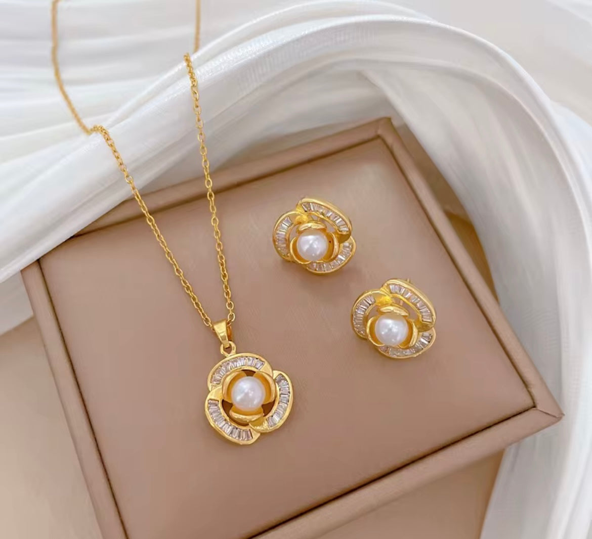 Golden Pearl Rose Jewelry Set #2 – Necklace & Earrings