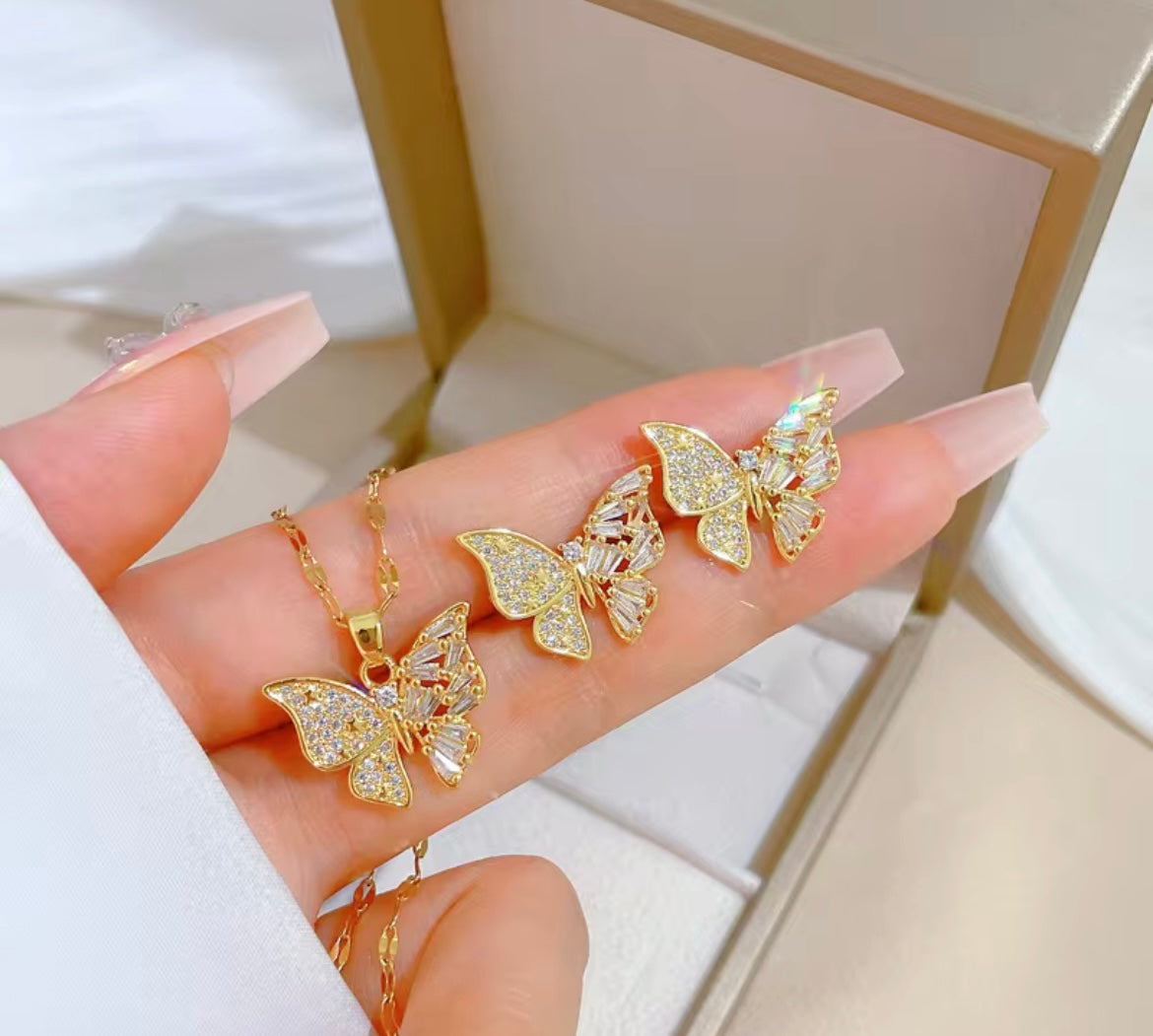 Elegant Butterfly Jewelry Set – CZ Stud Earrings & Stainless Steel Necklace