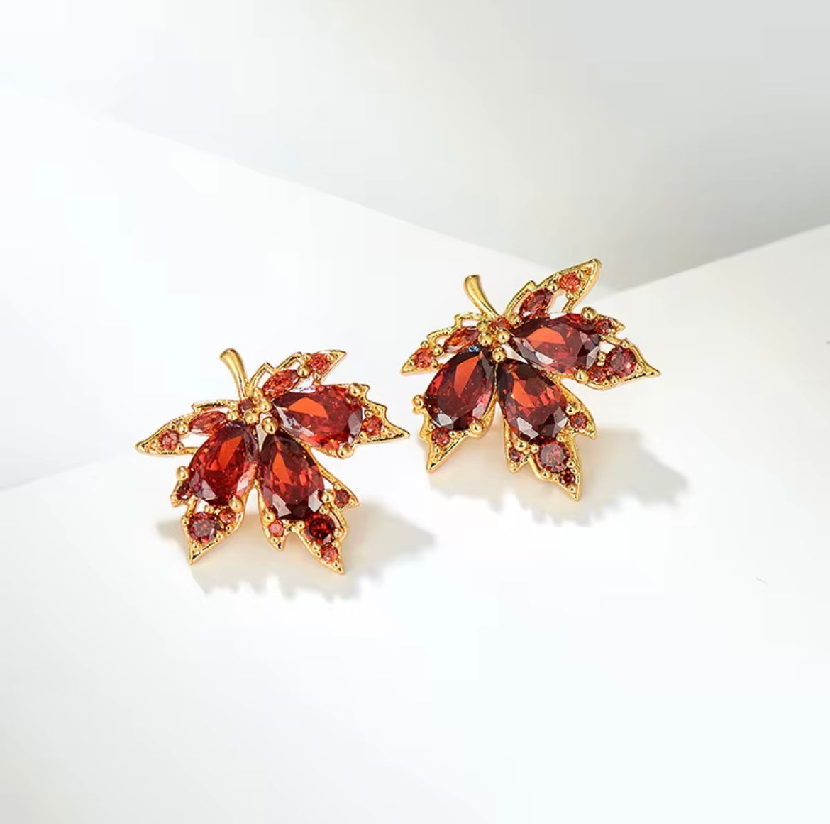 Dark Red Crystal Maple Leaves Earrings
