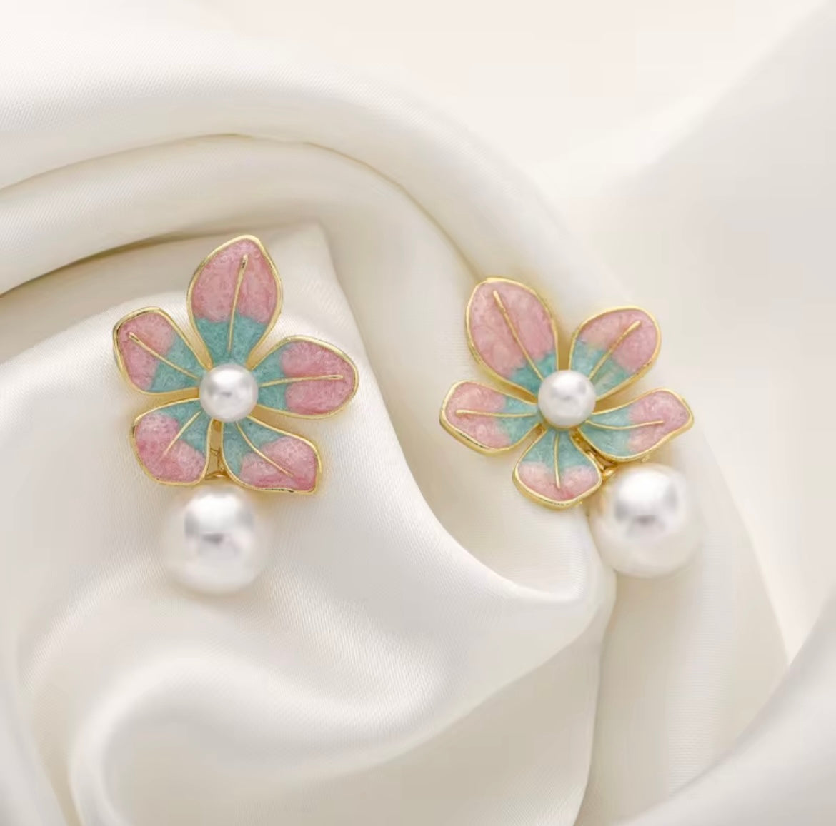 Pink Camellia flower earrings
